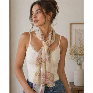 Sheer Floral Scarf Silk Like Romantic Cottagecore Lightweight Rectangle 13x60